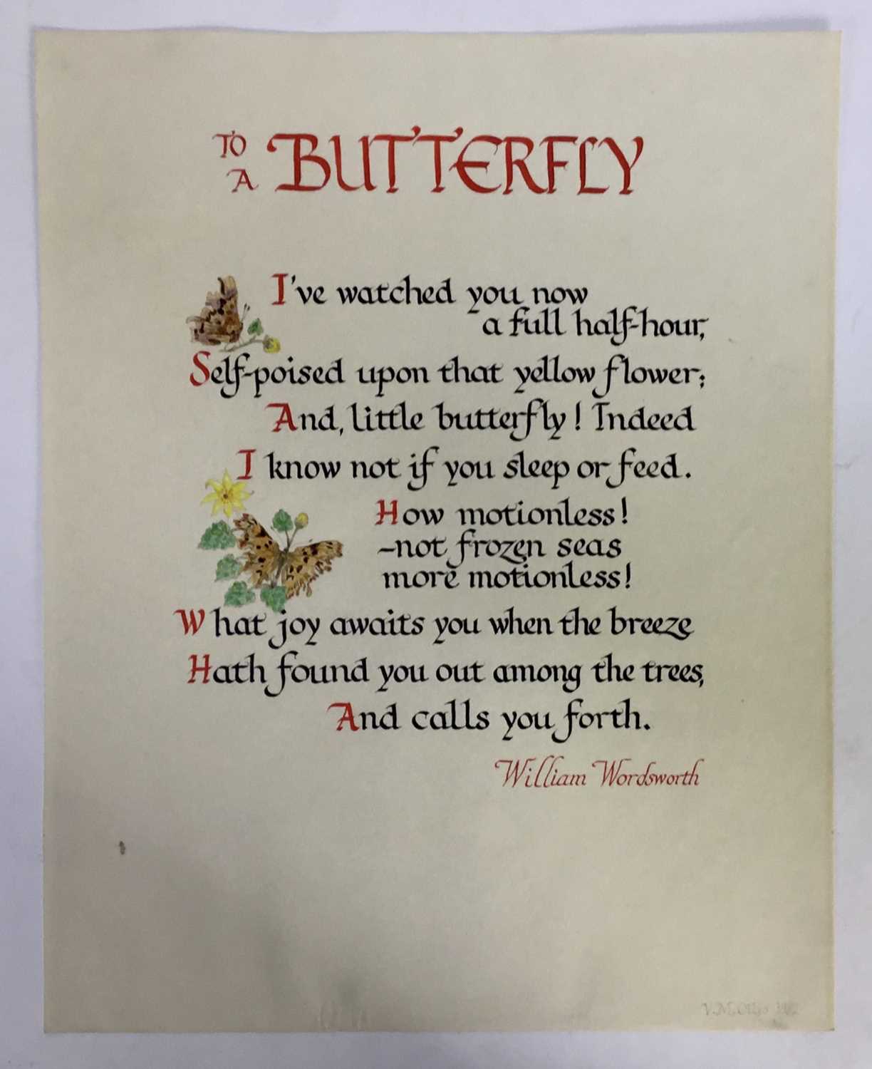 English School, contemporary, mixed media on vellum, calligraphy - To a Butterfly, 38 x 29cm