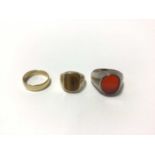 14ct gold wedding ring, 9ct gold and tigers eye signet ring and a silver and bloodstone signet ring
