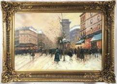 After Edouard Leon Cortez oil on canvas - A Parisian Street with figures, 60cm x 90cm, in ornate gil