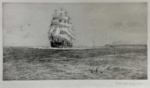 Rowland Langmaid (1897-1956) signed etching - Clipper off Landsend, with blindstamp 'Academy Proof',