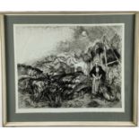 Gabriel White (1902-1988) etching, Womam with turkey in Spanish landscape, 39.5 x 49.5cm, framed
