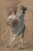 Manner of Thomas Rowlandson, watercolour, Glamorous couple promenading, unsigned, 21 x 13cm, glazed