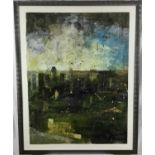 *Richard Walker large mixed media on paper - City of London view with River Thames in foreground, pa