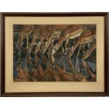 P M Palmer, pastel of female gazelles at a watering hole '92