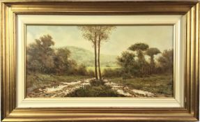 Corrado Risi 20th Century oil on canvas - 'Campagne', signed and inscribed verso, 30cm x 60cm, in gi