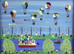 Gordon Barker (b.1960) acrylic on paper - The Balloon Race, signed, 29cm x 39cm, in glazed frame