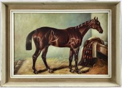 English School mid 20th century, oil on board, a chestnut hunter in a stable, 30 x 45cm, framed