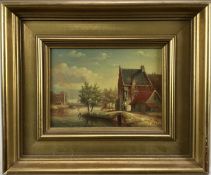 Ronald Meilof (1953-2016) oil on panel, Dutch canal scene, signed, 12 x 16cm, framed