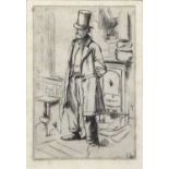 Charles Keene (1823-1891) original etching - Old Man in Top Hat standing before a stove, from the Sp