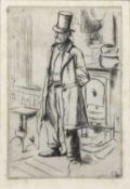 Charles Keene (1823-1891) original etching - Old Man in Top Hat standing before a stove, from the Sp