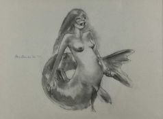 Howard Barnes (1937-2017) pencil, Mermaid, signed and dated, 35 x 47cm, glazed frame