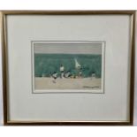Norman Wilkinson (1878-1971) watercolour - beach scene, signed, 12.5cm x 18cm in glazed gilt frame