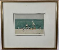 Norman Wilkinson (1878-1971) watercolour - beach scene, signed, 12.5cm x 18cm in glazed gilt frame