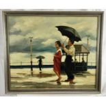 Manner of Jack Vettriano, oil on canvas, figures with umbrellas, 50 x 60cm, framed