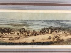 Patricia A Regnart, 20th century. Coloured etching, “Taynton”. Landscape of Somerset. Titled, signed
