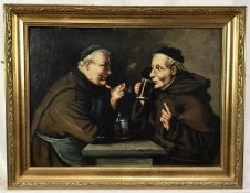 Italian School late 19th century, pair of oils on board, monks cooking and drinking, indistinctly s