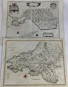 17th century uncoloured engraved map of Glamorganshire, 51cm x 59cm, and another hand coloured engra