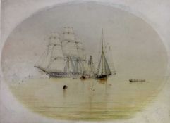 William Frederick Settle (1821-1897), pair of watercolours, marine scenes, oval, 27cm x 38cm, unfram