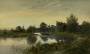 Noel Smith (1840-1900) pair of watercolours, river landscapes at dusk, both signed, 38 x 63cm, glaze