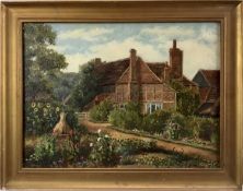 English School oil on canvas - A Cottage Garden in summer, 30cm x 40cm, framed