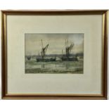 J. Vignoles Fisher, watercolour - Barges on the Orwell, signed with initials, 22cm x 31cm, in glazed