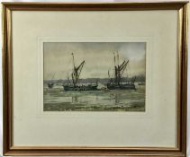 J. Vignoles Fisher, watercolour - Barges on the Orwell, signed with initials, 22cm x 31cm, in glazed