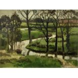 Sylvia J. Mackinnnon, mid 20th century, oil on canvas - Suffolk Landscape, unframed