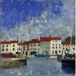 Ken Eastall, contemporary, oil on board - Harbour View, signed and dated '11, 40cm square, unframed