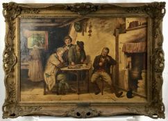 J.L. Wardleworth oil on canvas - An Inn Interior with figures drinking and gaming, signed, 49cm x 74