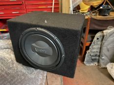 Infinity Subwoofer in case, believed to be a custom shaped case for a TVR boot.
