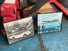 Set of four British Leyland era framed photographs of cars including a Rover P6 Rally car, Jaguar an