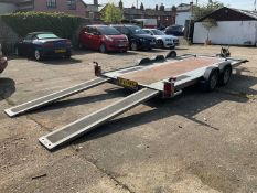 Brian James 2600 kg twin axle car trailer, type P-AM-T-055-1, with ramps.
