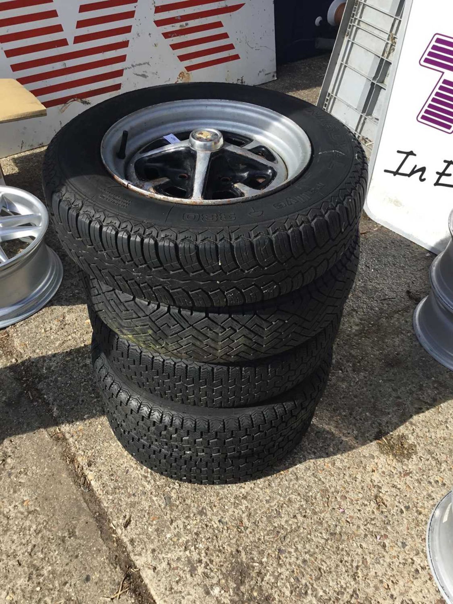 Five MGB rostyle wheels with tyres