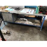 Metal work bench, with upstand, cupboard and undershelf, 2100mm x 760mm