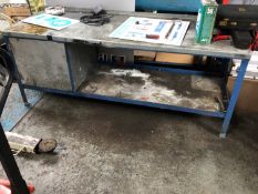 Metal work bench, with upstand, cupboard and undershelf, 2100mm x 760mm