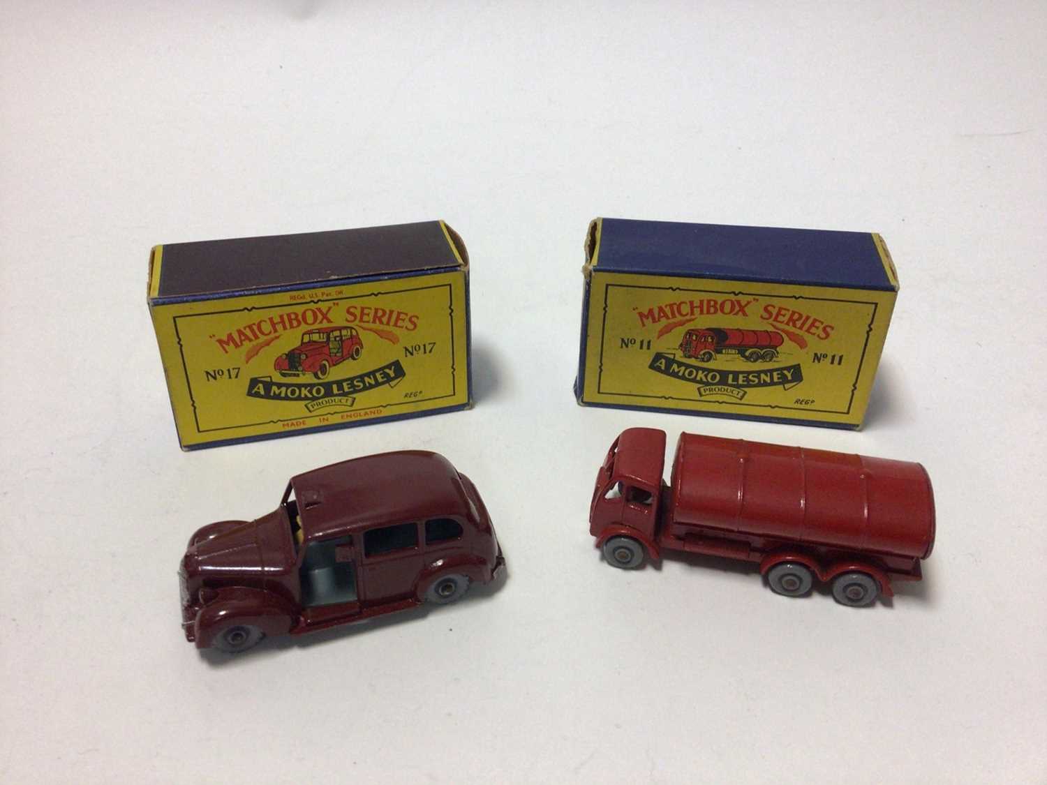 Matchbox Moko Lesney No.29 Milk Van, No.7 Milk Float, No.11 Petrol Tanker, No.17 Metropolitan Taxi,