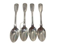 Set of four heavy fiddle, thread and shell pattern silver teaspoons, London 1825 and 1832 (William C