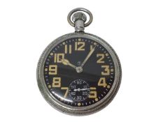 Military pocket watch with black dial, luminous Arabic numerals and hands, engraved broad arrow mark
