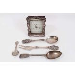 R. Carr silver framed time piece, pair of Continental silver salad servers, Continental silver caddy