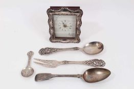 R. Carr silver framed time piece, pair of Continental silver salad servers, Continental silver caddy