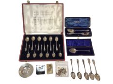 Group of silver, including a group of Georgian teaspoons, a small dish, a cased fork and spoon set,