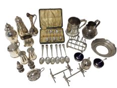 Large group of silver including Victorian tankard, jug, casters, cream jug, mustards, toast rack, pa
