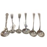 Group of six silver sauce ladles, including a pair of fiddle pattern ladles (Edinburgh 1836 and 1838