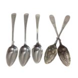 Group of Georgian silver spoons, including a pair of silver and gilt later-decorated berry spoons, E