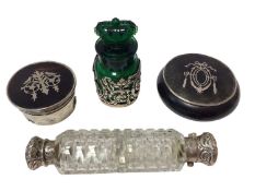 Silver mounted green glass bottle, Birmingham 1906 (stopper stuck), together with two silver inlaid