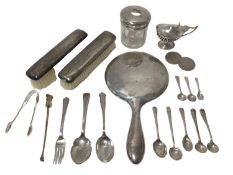 Edwardian oval pierced silver mustard with blue glass liner, together with a group of flatware, a si