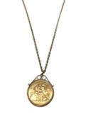 Elizabeth II gold full sovereign, 1981, in 9ct gold pendant mount on 9ct gold chain