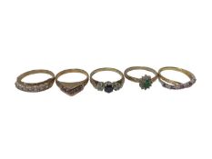 Five 9ct gold diamond and gem set dress rings