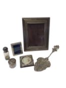 Silver photograph frame, two smaller silver frames, white metal mounted glass scent bottle with vina