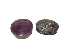 Mappin & Webb silver and purple enamel round pill box and a continental embossed silver oval box (2)